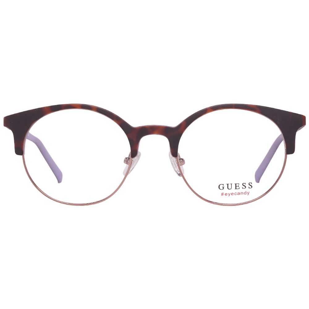 Alt Tag: Guess Brown Women Glasses Frame with round full-rim design, metal and plastic materials, size 51-21-135, includes branded case.