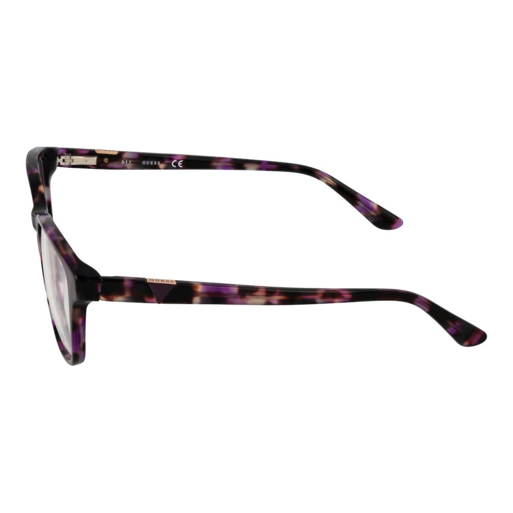 Side view of Guess Purple Women Glasses Frame with full-rim rectangular style and plastic material.