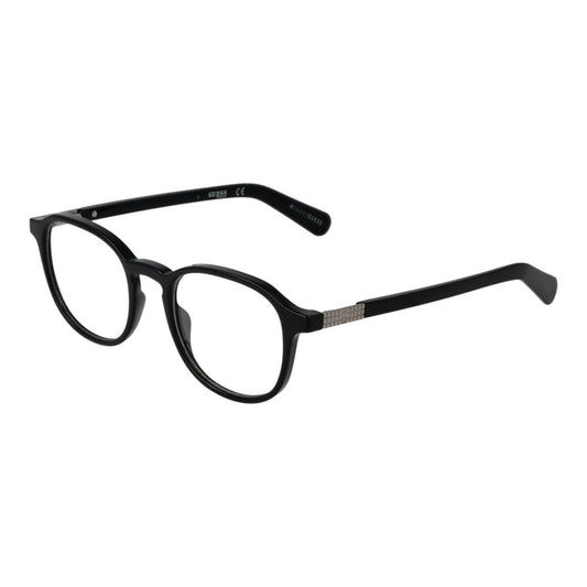 Guess Black Women Glasses Frame, round full-rim black design, size 48-19-145, with spring hinge, plastic material, includes branded case.