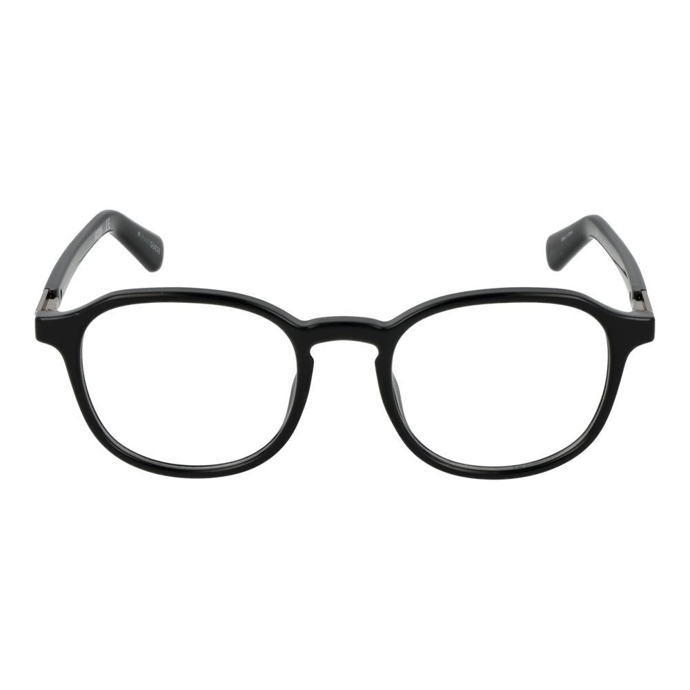 Guess Black Women Glasses Frame, full-rim round style with plastic material, temple length 145mm, bridge width 19mm, includes branded case.