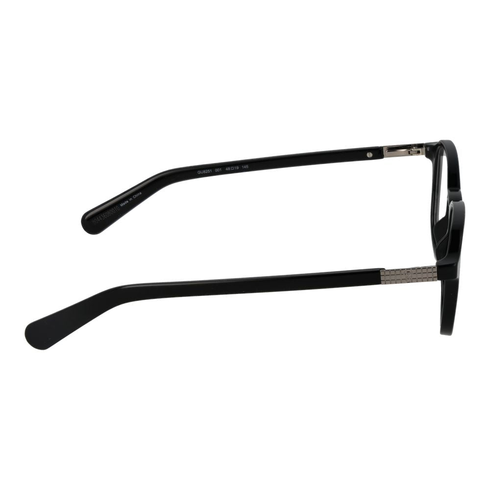 Guess Black Women Glasses Frame side view showing black full-rim style, plastic material, spring hinge, and 145 mm temple length.