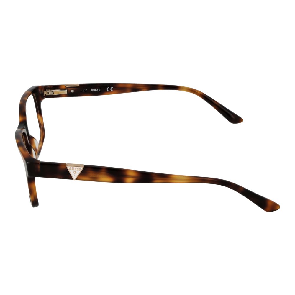 Side view of Guess Brown Women Glasses Frame with full-rim rectangle design in plastic material.