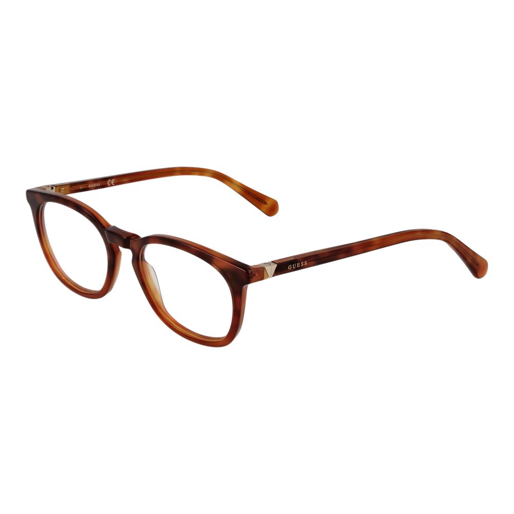 Guess Brown Women Glasses Frame full-rim plastic panto style with demo lenses, brown color, no spring hinge, includes branded case.