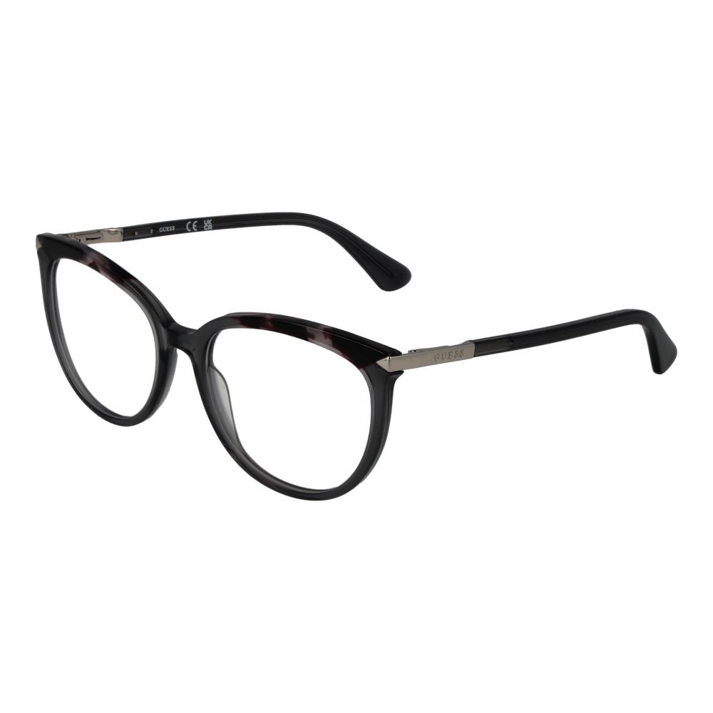 Guess Gray Women Glasses Frame, full-rim plastic round eyeglasses, grey color, size 53-17-140, includes branded case and spring hinge.