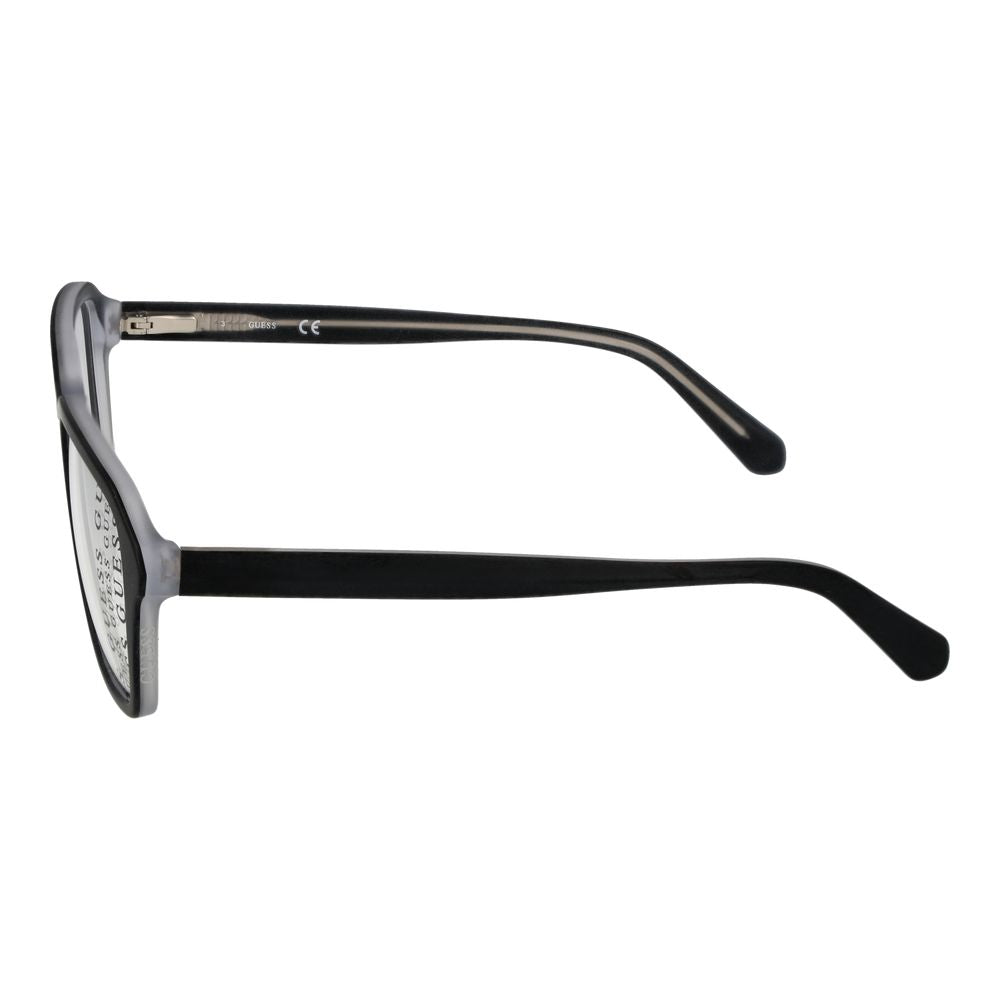Side view of Guess Black Women Glasses Frame in full-rim square style with black plastic material and spring hinges.