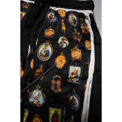 Dolce & Gabbana Black Religious Print Silk Men Jogger Pants