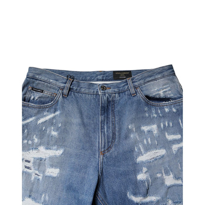 Dolce & Gabbana Blue Tattered Straight Cotton Denim Jeans