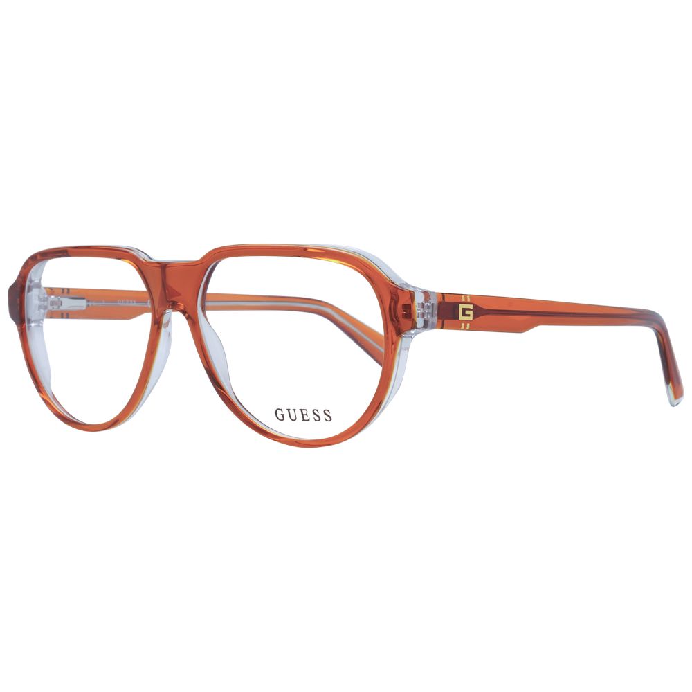 Guess Orange Men Glasses Frame in acetate, demo lenses, aviator style, full-rim, size 56-14-145, includes branded case.