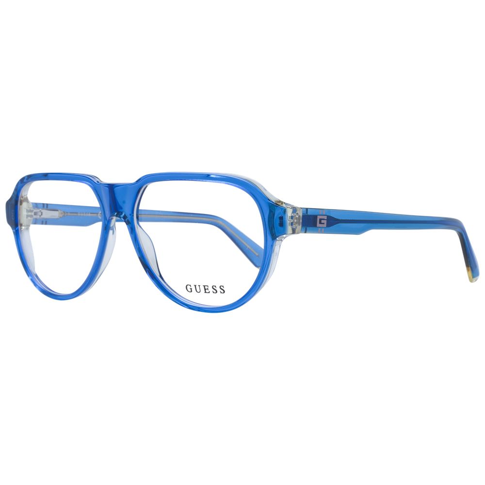 Guess Blue Men Glasses Frame in blue acetate, aviator style with full-rim. Features demo lenses, dimensions 56-14-145, includes branded case.