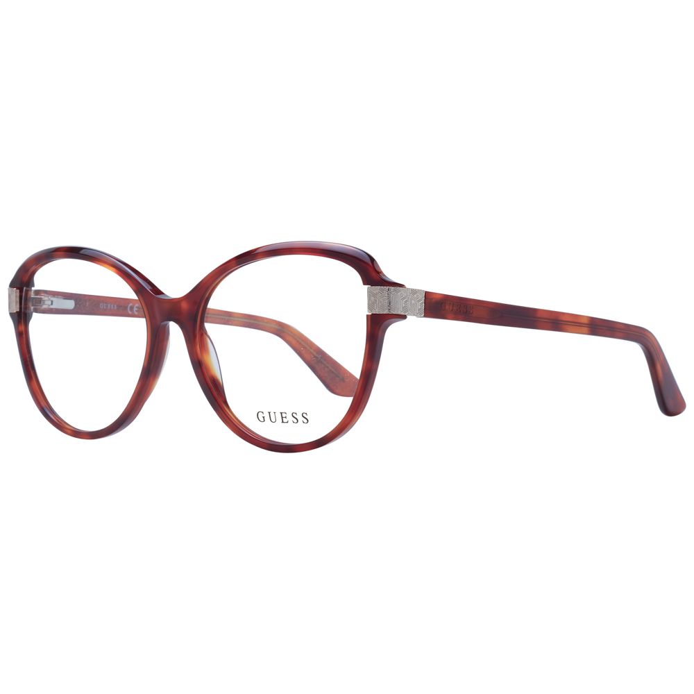 Guess Brown Women Glasses Frame, full-rim acetate design, round style, spring hinge, includes branded case, size 55-16-140, demo lenses.