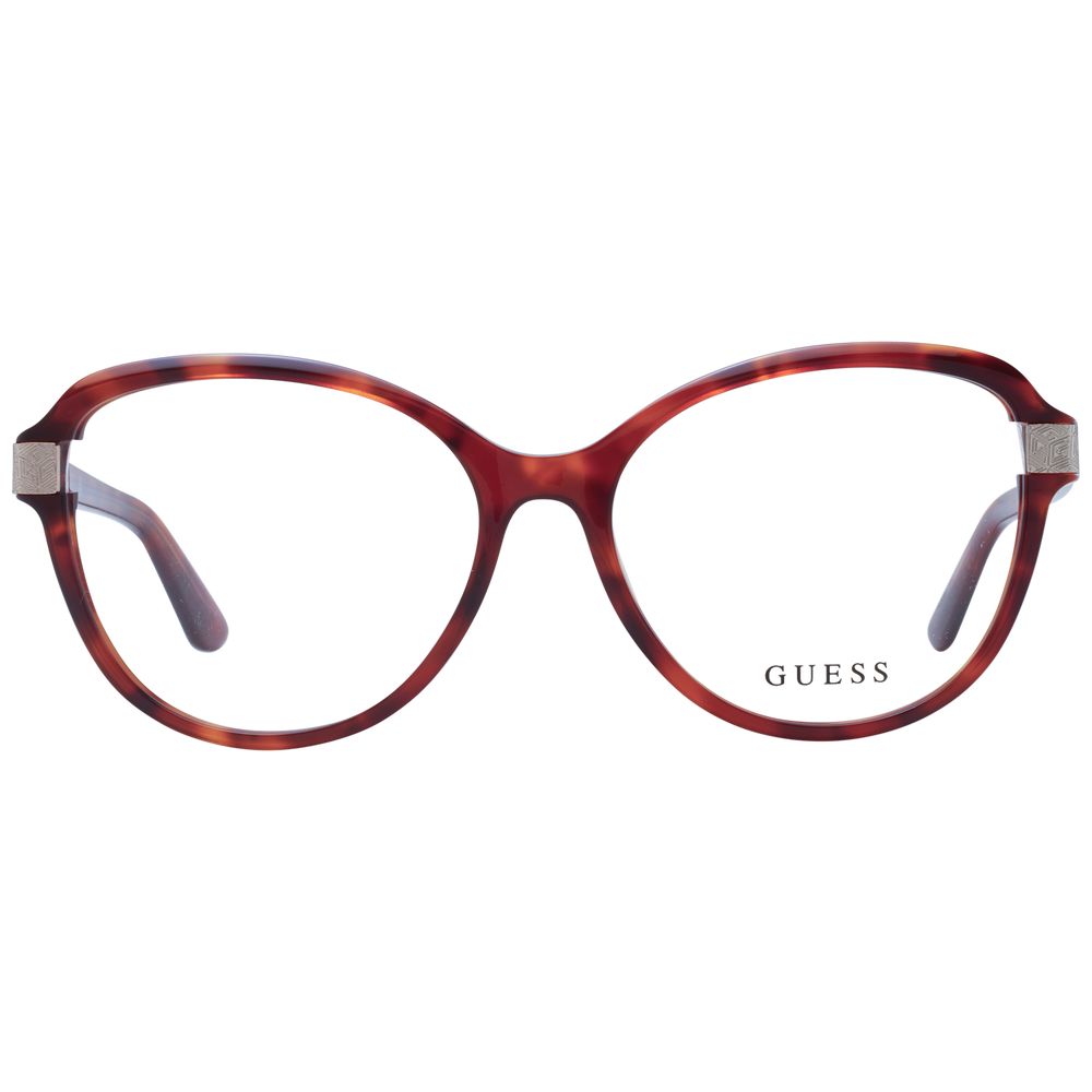 Guess Brown Women Glasses Frame in acetate with full-rim style, round lenses 55mm wide, spring hinge, and branded case included.