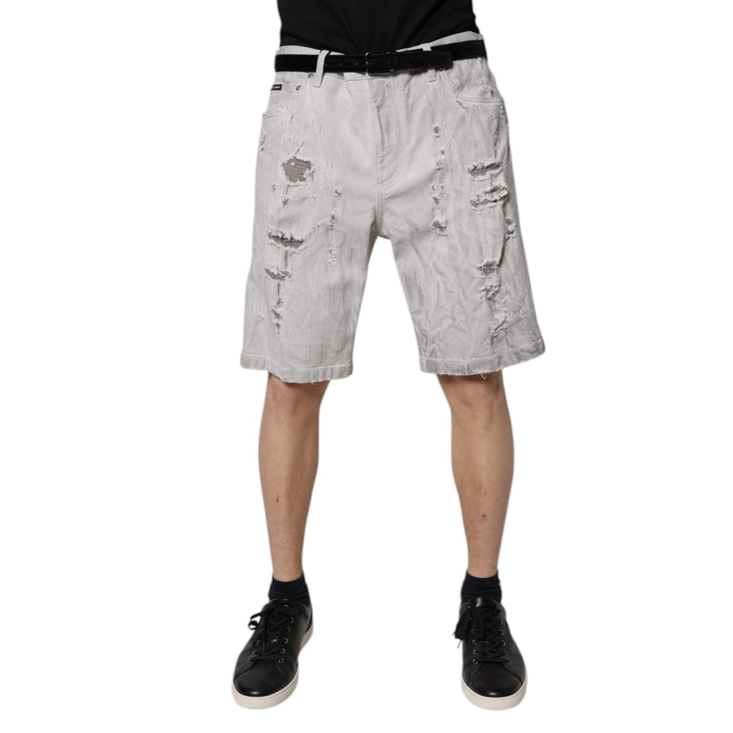 Dolce & Gabbana Light Gray Tattered Men Denim Bermuda Shorts