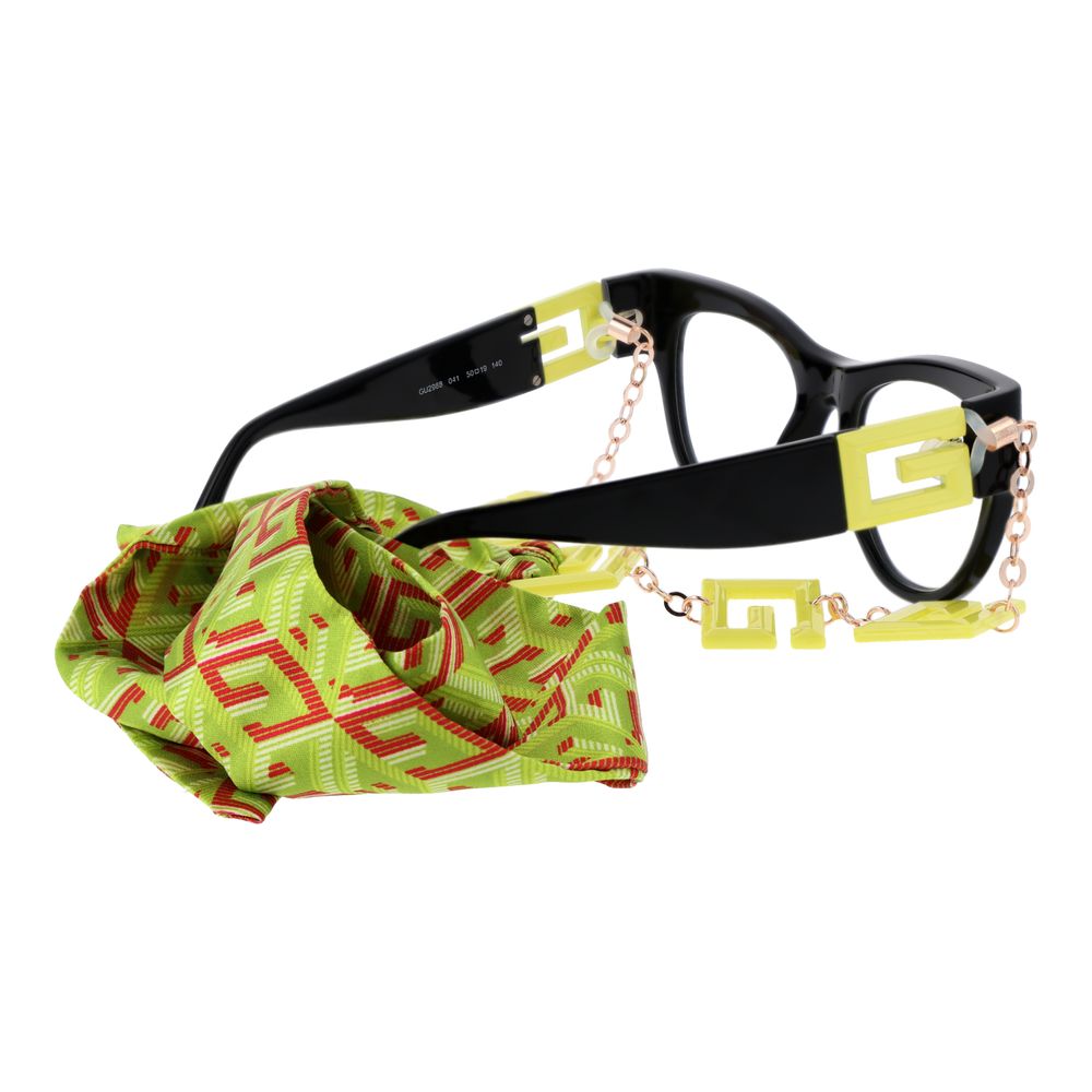 Guess Black Women Glasses Frame with green eyewear chain, black full-rim cat eye style, plastic material, includes branded case.