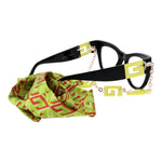Guess Black Women Glasses Frame with green eyewear chain, black full-rim cat eye style, plastic material, includes branded case.