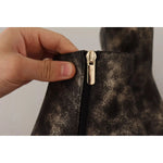 MY TWIN Black Leather Block Heels Ankle Boots Zipper Shoes
