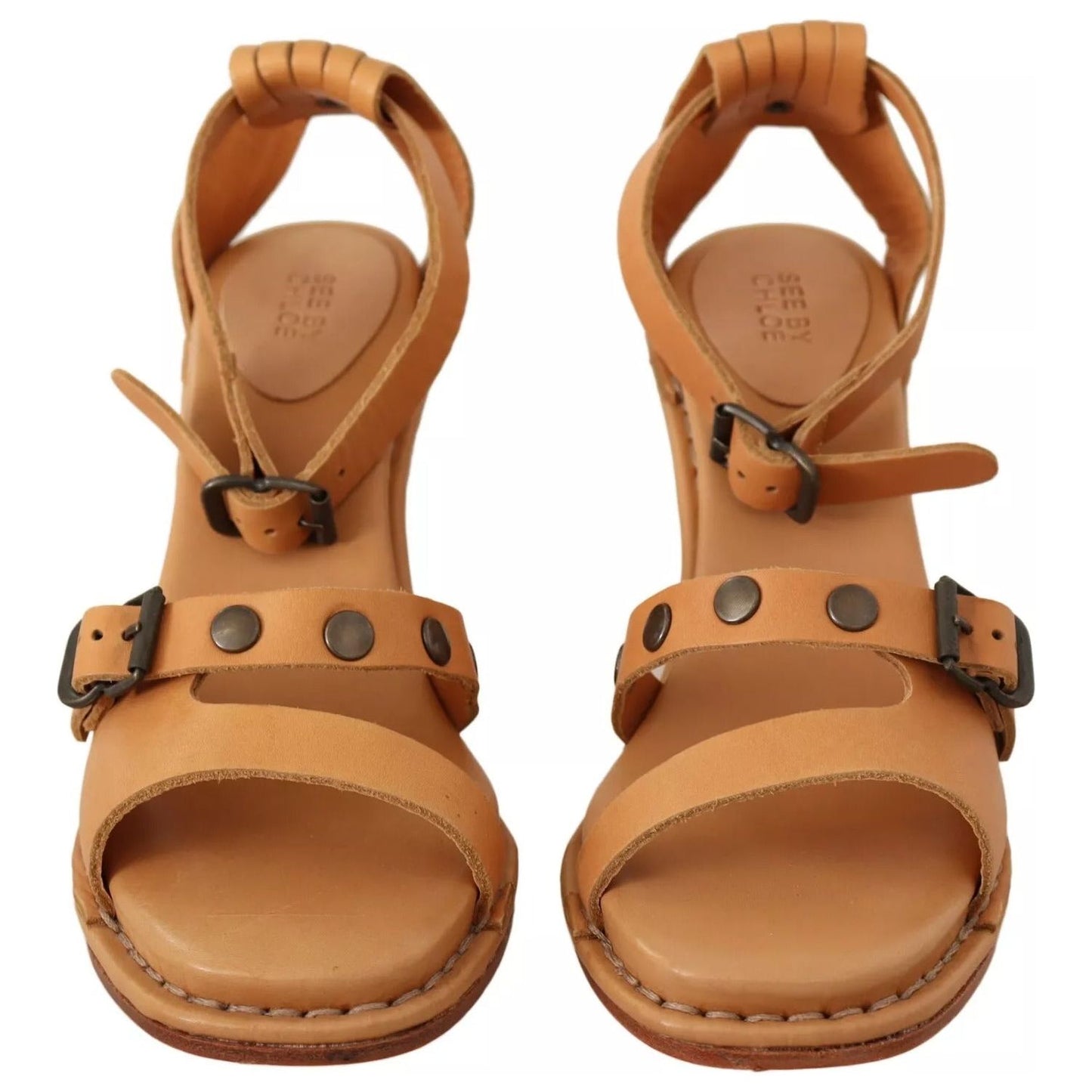 See By Chloé Brown Leather Studded Ankle Strap Sandals Shoes LA9451-36