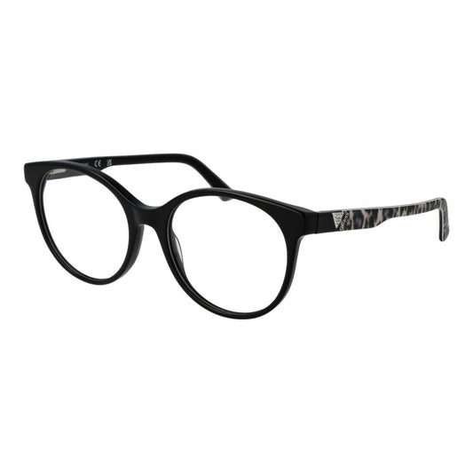 Guess Black Women Glasses Frame, full-rim round acetate design, 55-18-140 size with black frame and demo lenses, includes branded case.