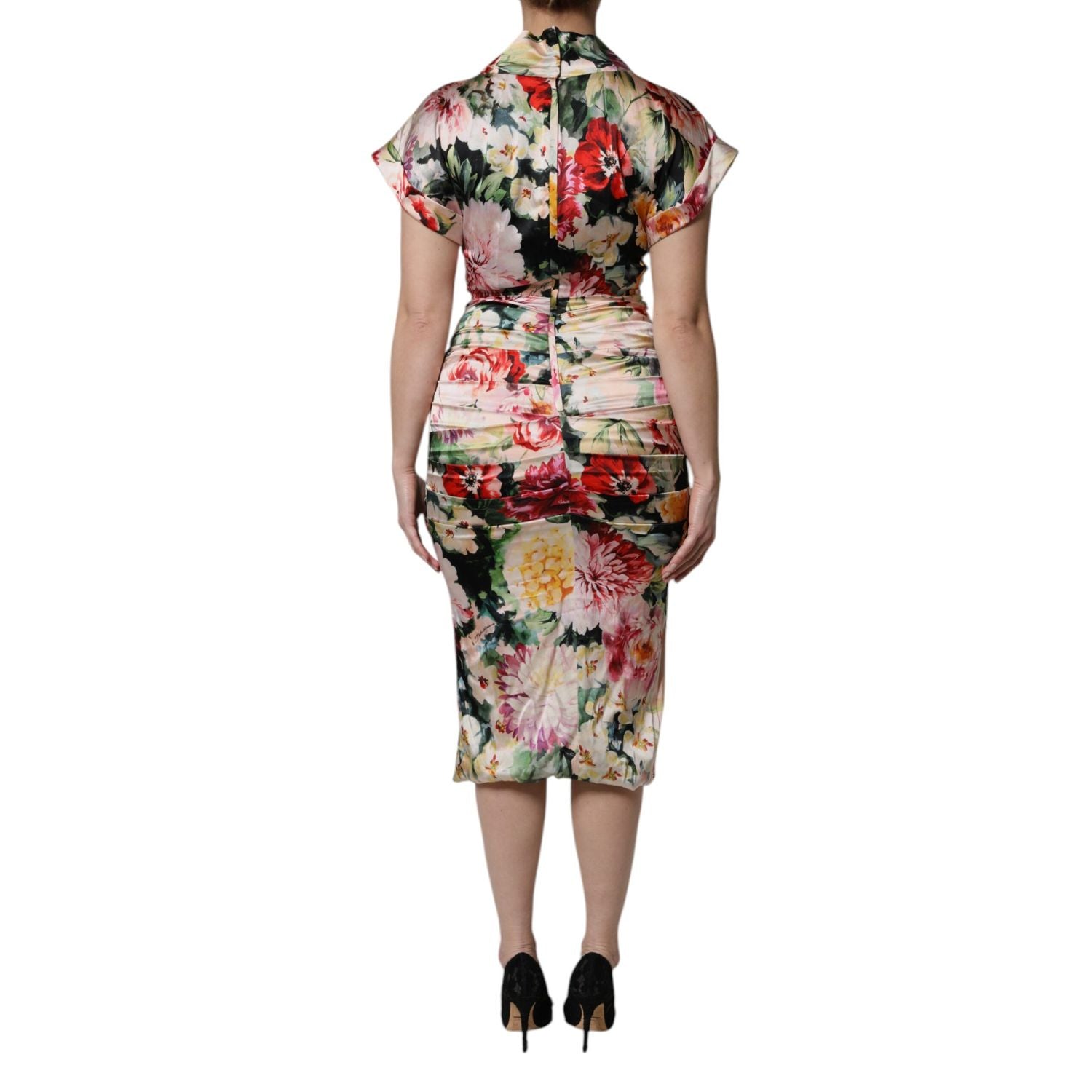 Dolce & Gabbana Multicolor Floral Short Sleeves Sheath Midi Dress