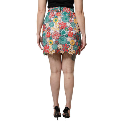 Dolce & Gabbana Multicolor Floral Lace High Waist Mini Skirt