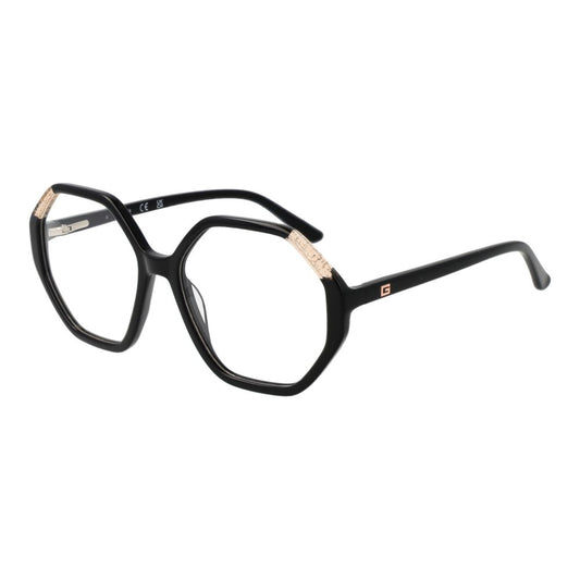 Guess Black Women Glasses Frame in acetate with full-rim rectangle style, demo lenses, and branded case. Perfect for modern fashion.