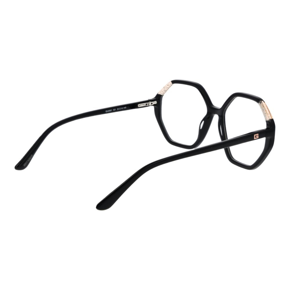 Guess Black Women Glasses Frame in black acetate, rectangle full-rim, with plastic demo lenses, showcasing 135mm frame width and 140mm temples.