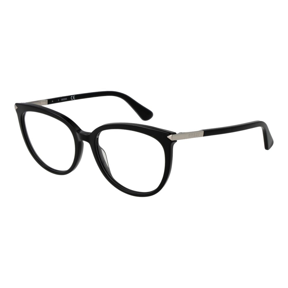 Guess Black Women Glasses Frame with full-rim black plastic, round style, 53-17-140 size, demo lenses, includes branded case.