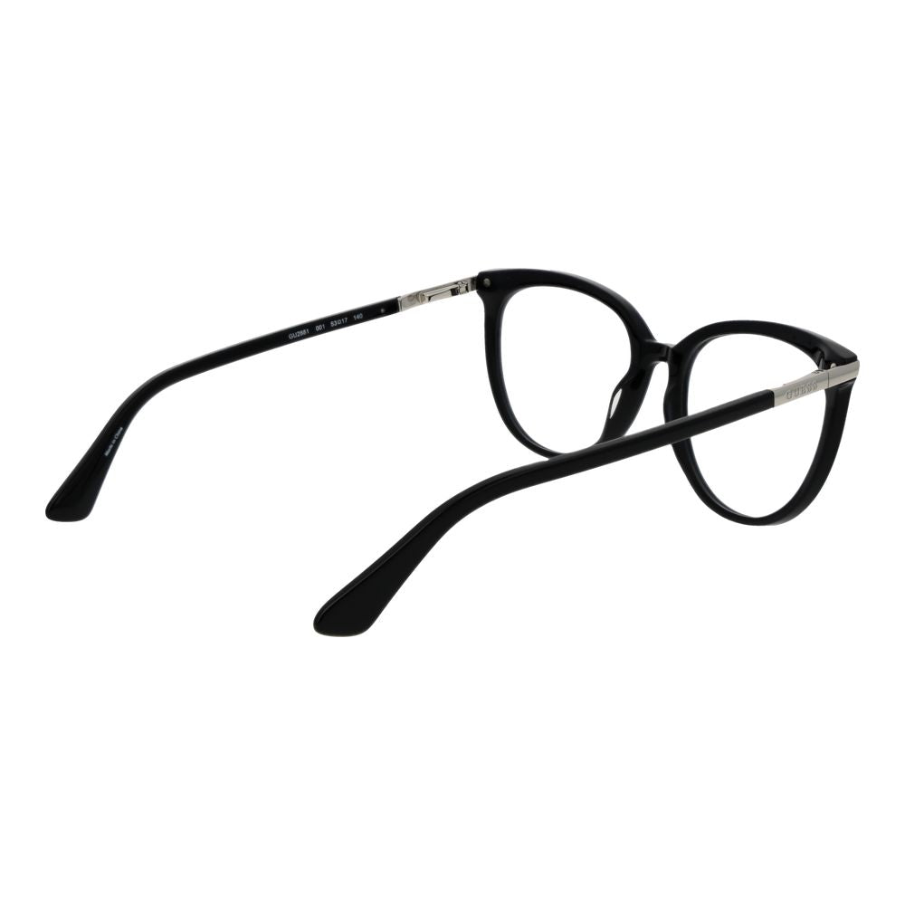 Guess Black Women Glasses Frame with round full-rim plastic design, demo lenses, black color, included branded case.