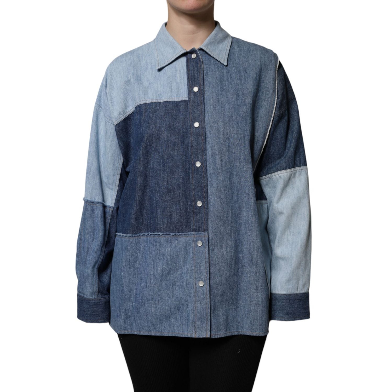 Dolce & Gabbana Blue Cotton Button Up Collared Long Sleeve Top