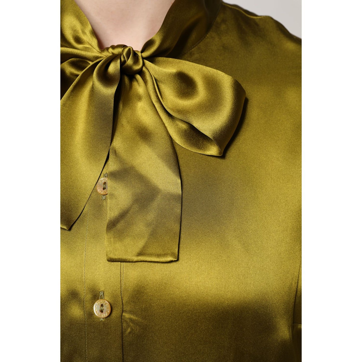 Dolce & Gabbana Olive Green Ascot Collar Long Sleeve Blouse Top