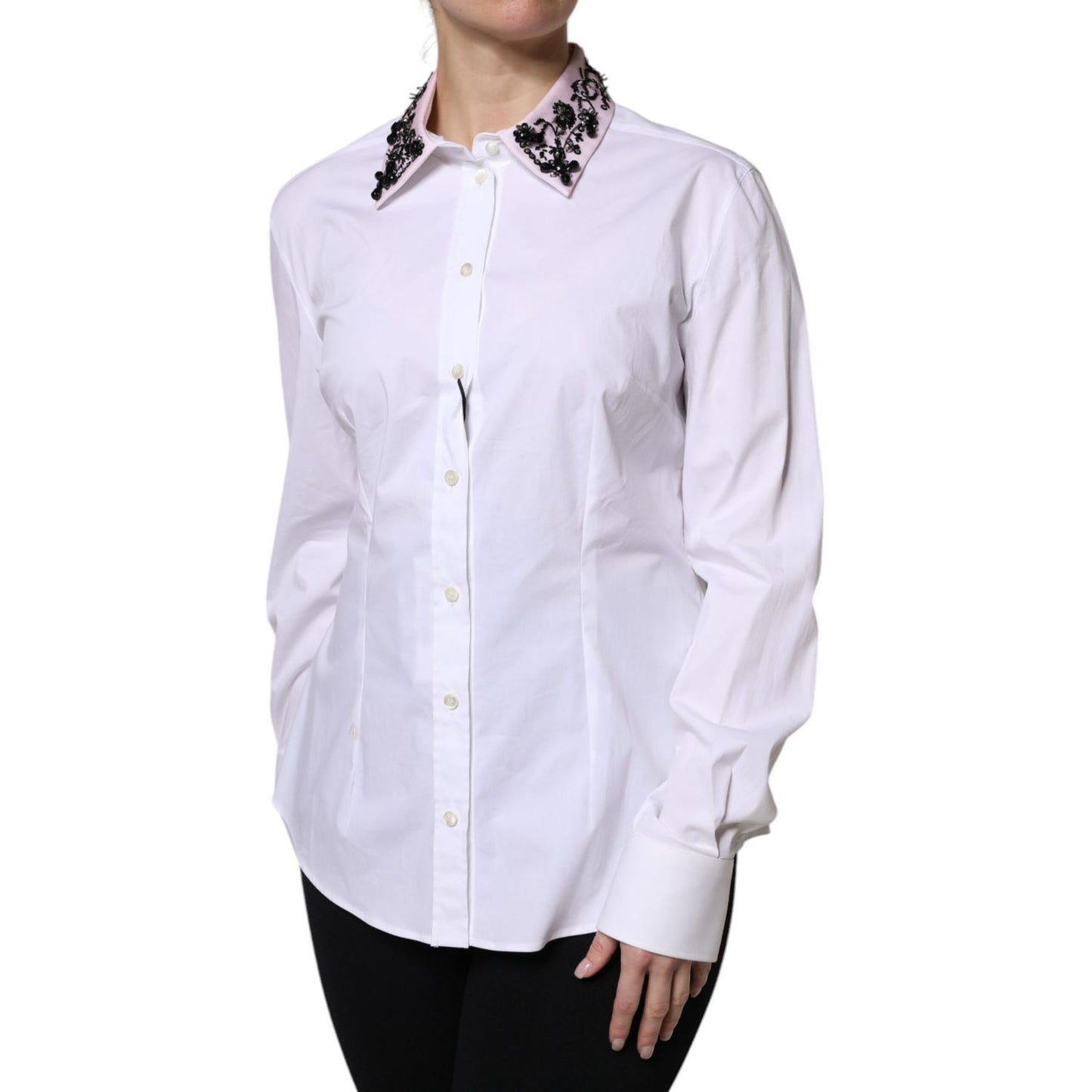 Dolce & Gabbana White Embellished Collared Dress Shirt Top