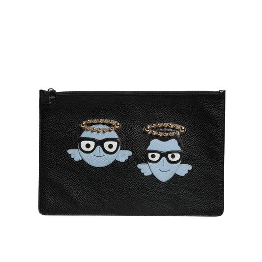 Dolce & Gabbana Black Leather #DGFAMILY Embellished Men Zip Pouch Bag BAG4279