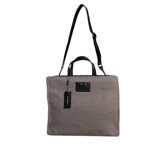 Dolce & Gabbana Grey Alpaca Wool Logo Plaque Tote Shoulder Bag BAG4332
