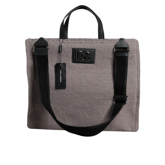 Dolce & Gabbana Grey Alpaca Wool Logo Plaque Tote Shoulder Bag BAG4332