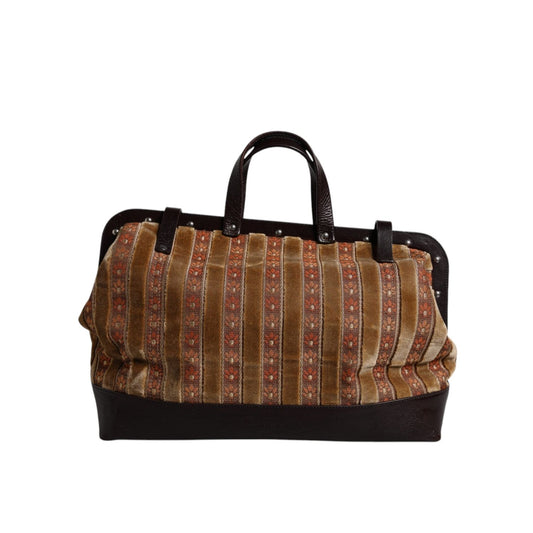 Dolce & Gabbana Beige Maroon Velvet Leather Jacquard Travel Handbag Bag BAG4368