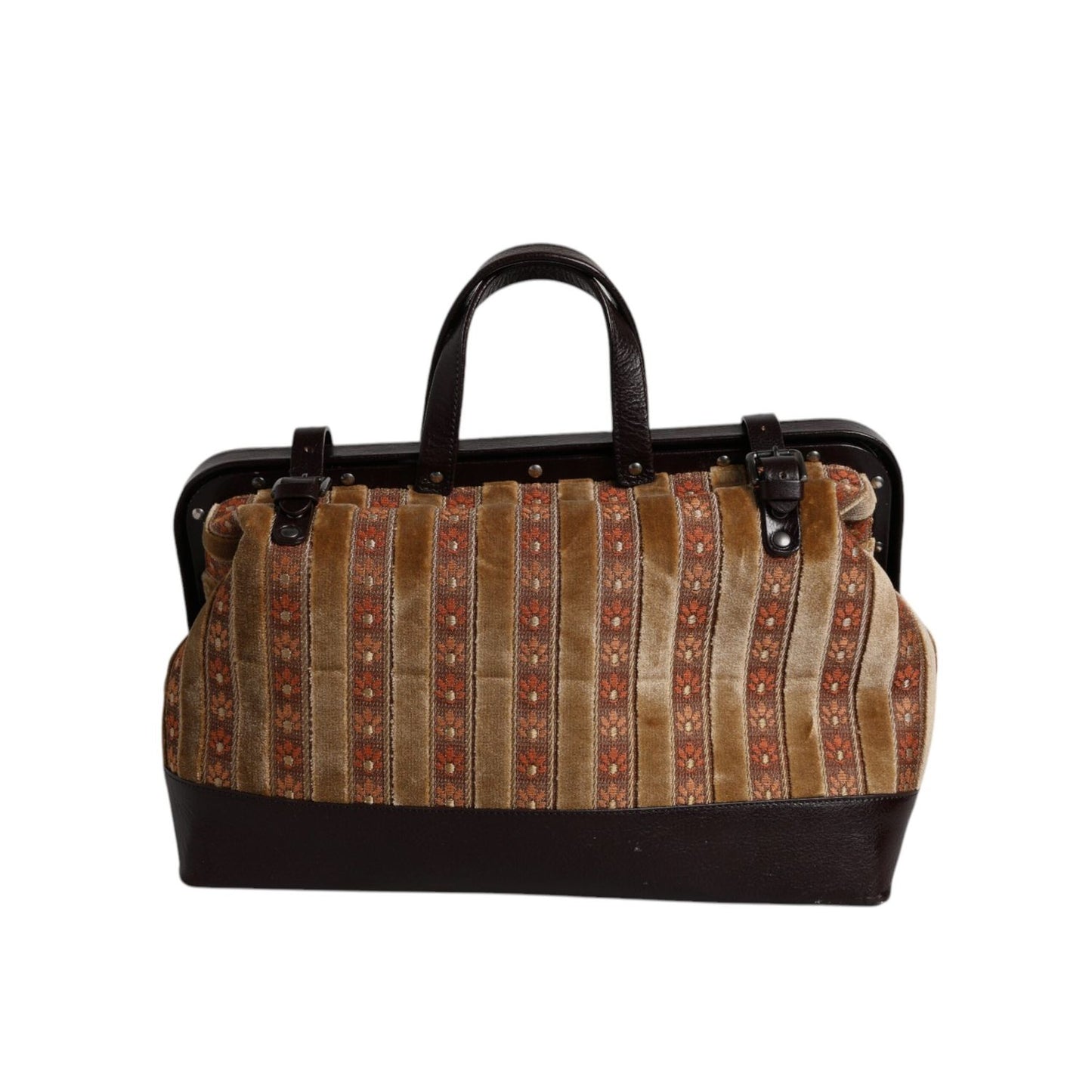 Dolce & Gabbana Beige Maroon Velvet Leather Jacquard Travel Handbag Bag