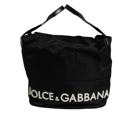 Dolce & Gabbana Black Nylon White Iconic Logo Shoulder Bucket Bag BAG4378