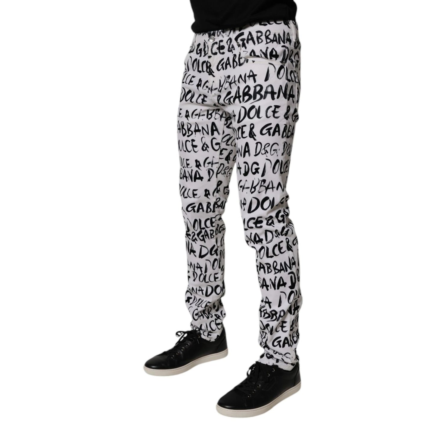 Dolce & Gabbana White Cotton Logo Print Skinny Denim Jeans