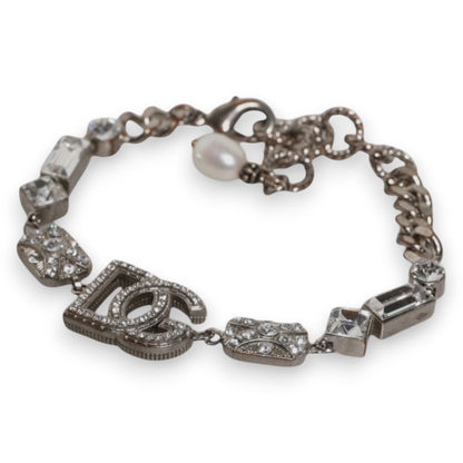 Dolce & Gabbana Silver Brass Crystal DG Logo Charm Embellished Bracelet