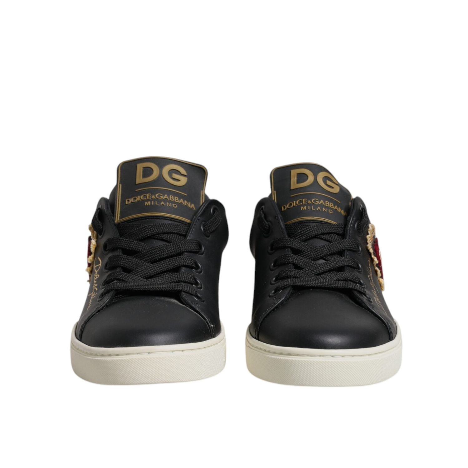 Dolce & Gabbana Black Leather Gold Red Heart Sneakers Shoes