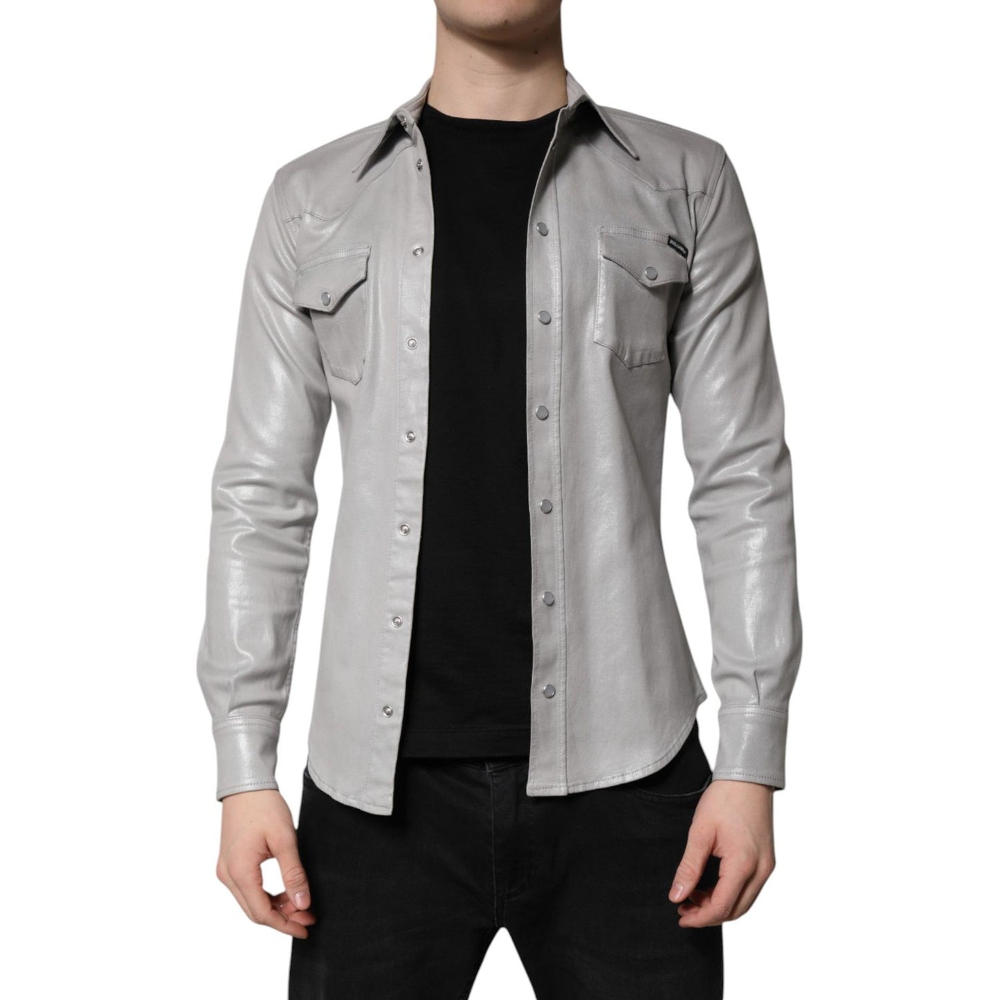 Dolce & Gabbana Metallic Gray Cotton Button Down Shirt