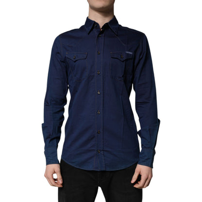Dolce & Gabbana Dark Blue Cotton GOLD Dress Formal Shirt