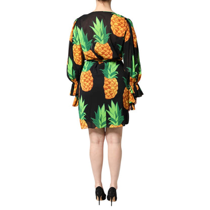 Dolce & Gabbana Black Silk Pineapple Draped Print Wrap Dress