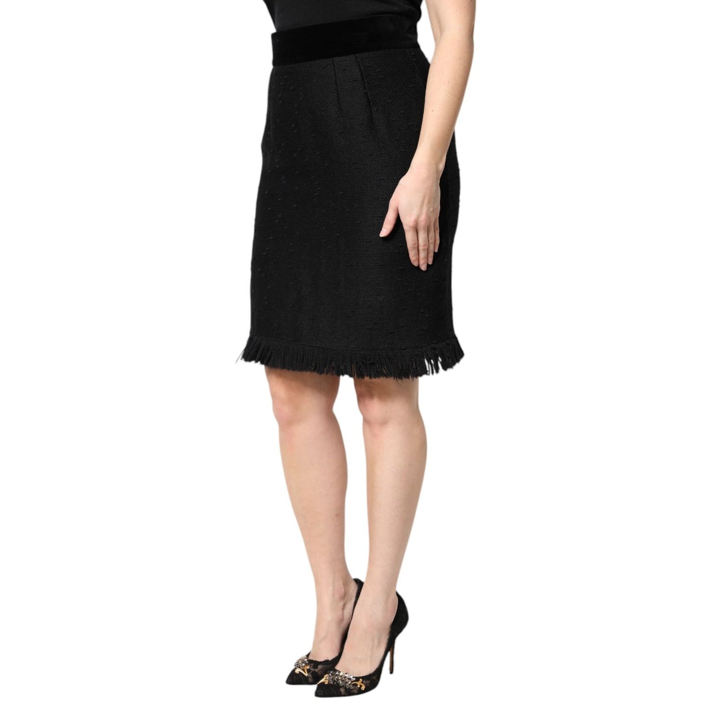 Dolce & Gabbana Black Wool Fringe High Waist Pencil Mini Skirt
