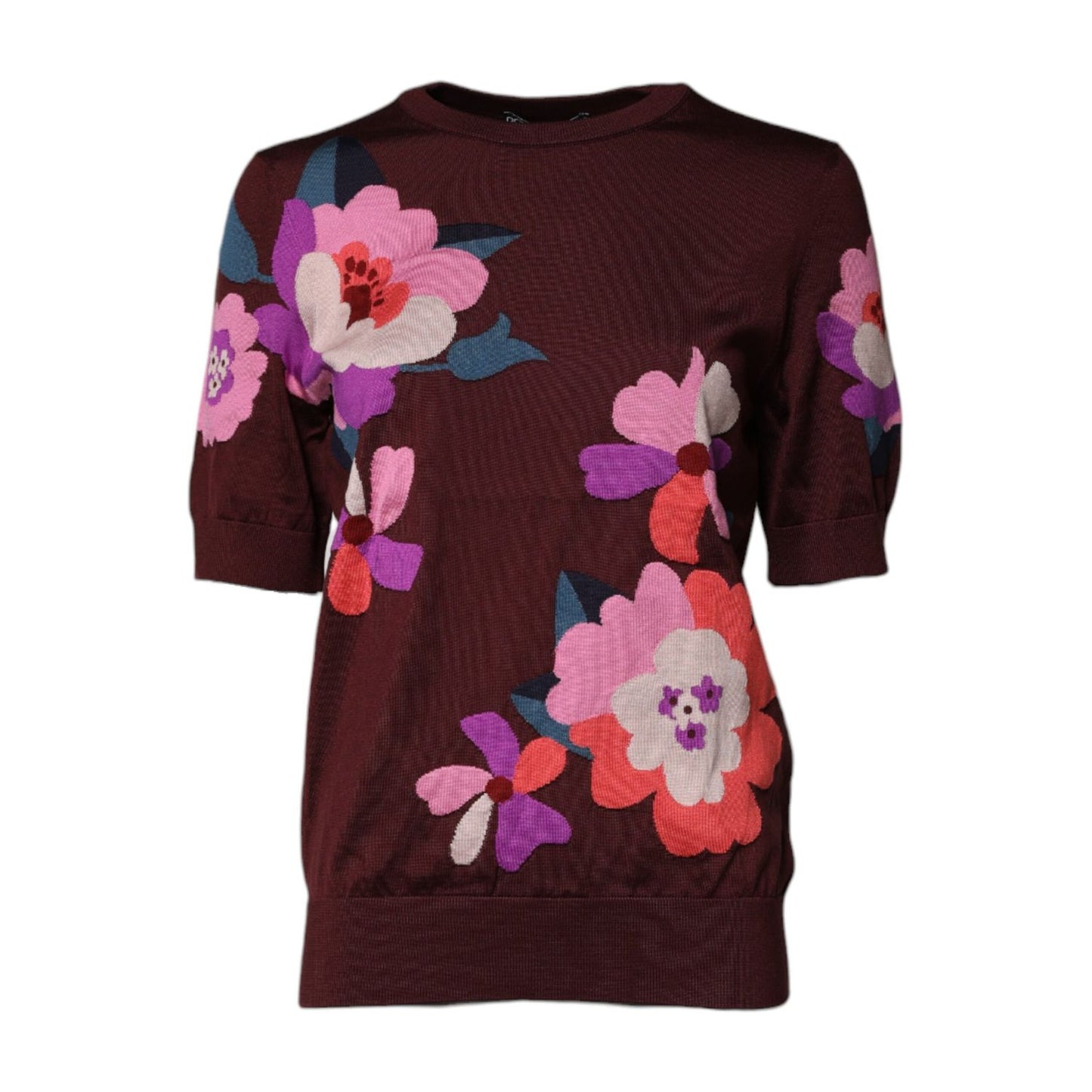 Dolce & Gabbana Maroon Floral Silk Crew Neck Blouse Top