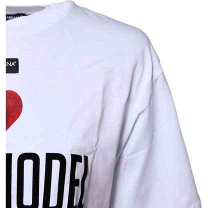 Dolce & Gabbana White Printed Round Neck Top Cotton T-shirt