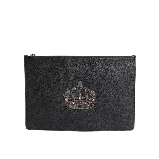Dolce & Gabbana Black Calfskin Crown Embellished Clutch Pouch Bag BAG4616