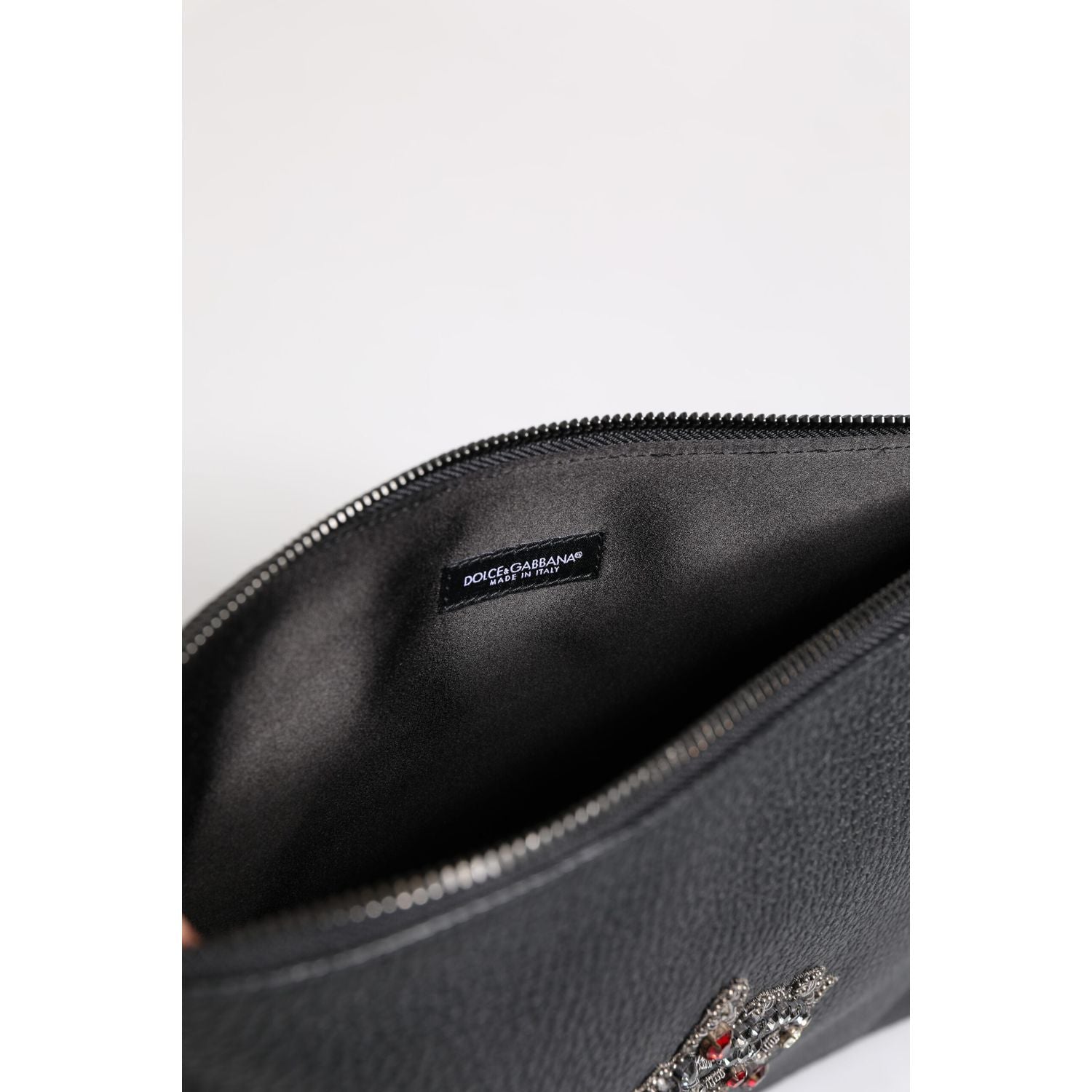Dolce & Gabbana Black Calfskin Crown Embellished Clutch Pouch Bag
