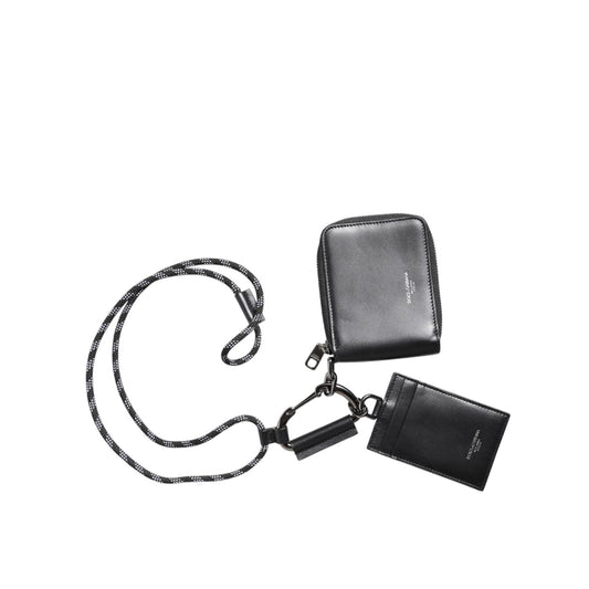 Dolce & Gabbana Black Leather Lanyard Zip Around Card Holder Wallet BAG4625