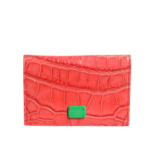 Dolce & Gabbana Red Exotic Leather Logo Plaque Card Holder Wallet BAG4578