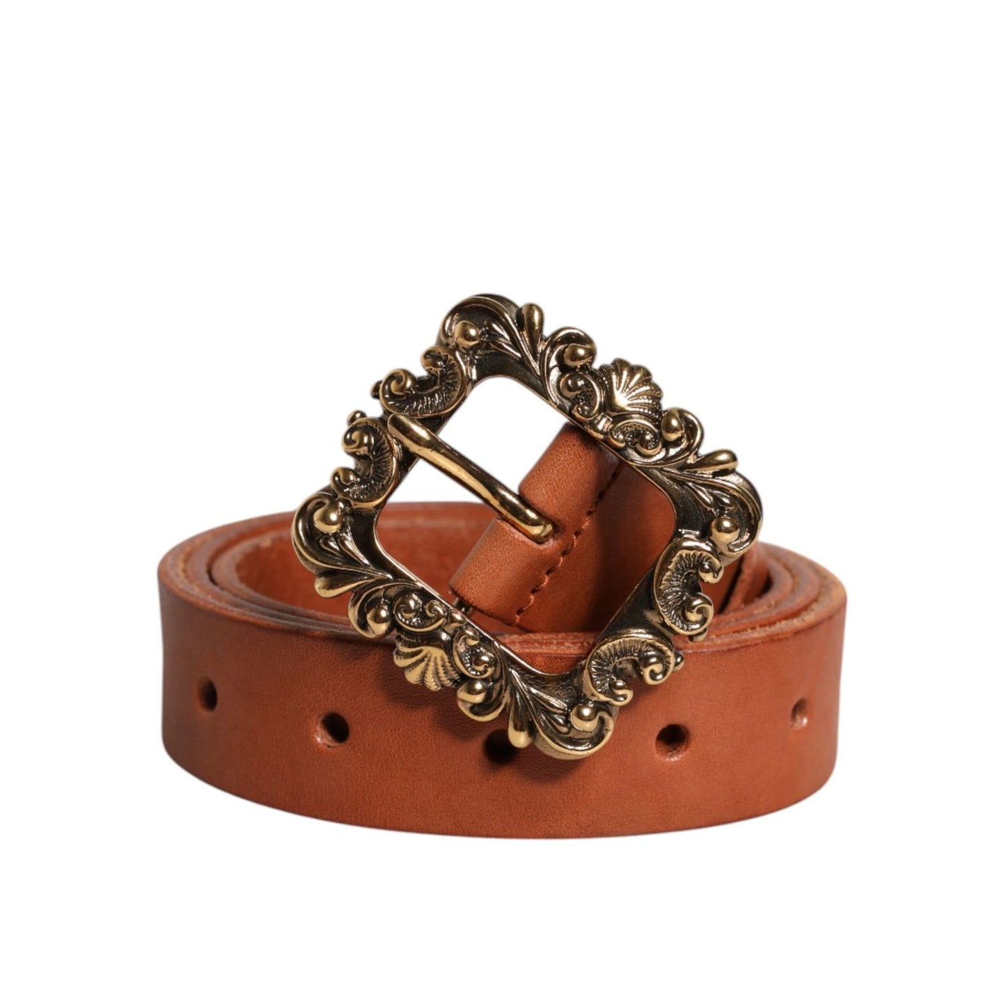 Dolce & Gabbana Brown Leather Gold Metal Baroque Buckle Belt